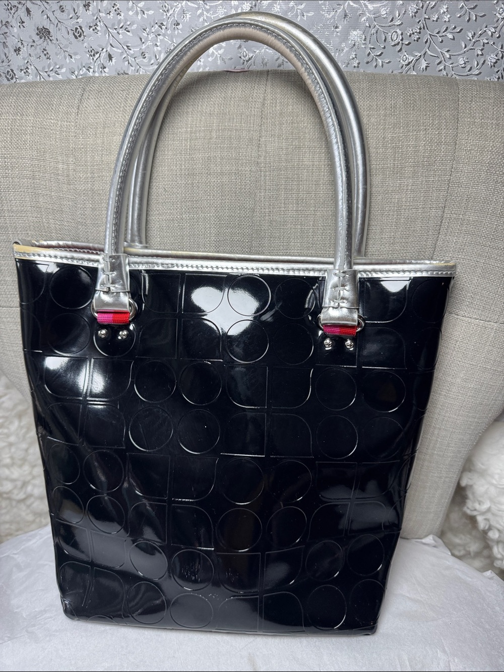 kate spade Black )Patent Tote with Silver Handles - Picture 2 of 6
